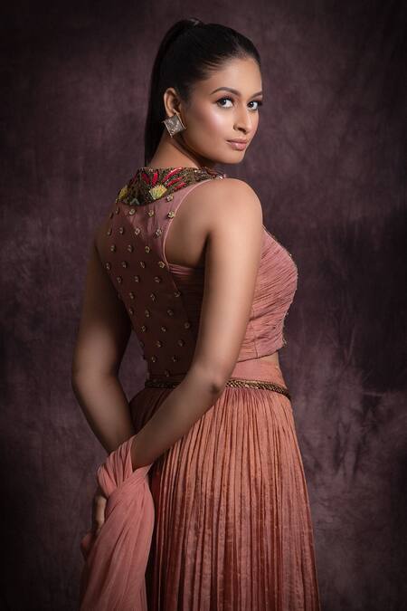 Abstract By Megha Jain Madaan Pink Silk, Cotton, Net Sequins, Beads Round Neck Geometric Work Top Lehenga Set Online at Aza Fashions Abstract By Megha Jain Madaan_Pink Silk, Cotton, Net Sequins, Beads Round Neck Geometric Work Top Lehenga Set _Online_at_Aza_Fashions