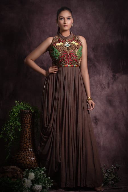 Green color mirror work cotton gown for wedding – Joshindia