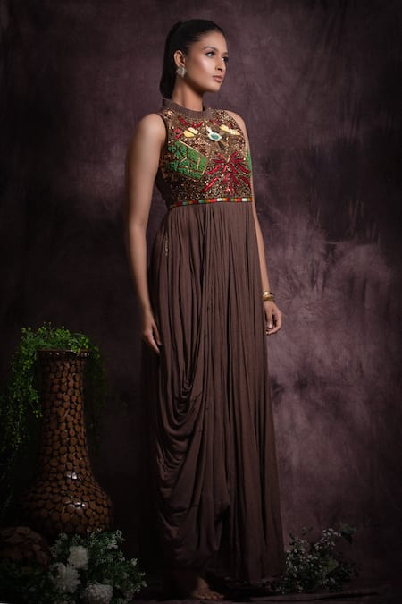 Abstract By Megha Jain Madaan Brown Cotton Sequins, Beads Collared And Work Gown Online at Aza Fashions Abstract By Megha Jain Madaan_Brown Cotton Sequins, Beads Collared And Work Gown _Online_at_Aza_Fashions