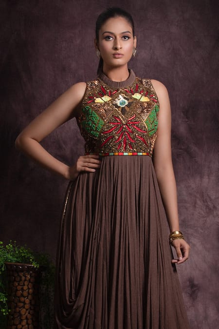 Buy Abstract By Megha Jain Madaan Brown Cotton Sequins, Beads Collared And Work Gown Online at Aza Fashions Buy_Abstract By Megha Jain Madaan_Brown Cotton Sequins, Beads Collared And Work Gown _Online_at_Aza_Fashions