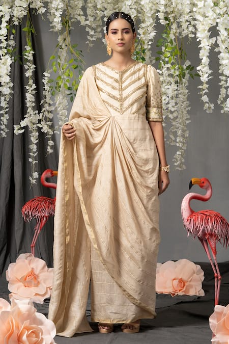 Shop Abstract By Megha Jain Madaan Off White Handloom Cotton Sequin Embellished Yoke Saree Gown Online at Aza Fashions Shop_Abstract By Megha Jain Madaan_Off White Handloom Cotton Sequin Embellished Yoke Saree Gown _Online_at_Aza_Fashions