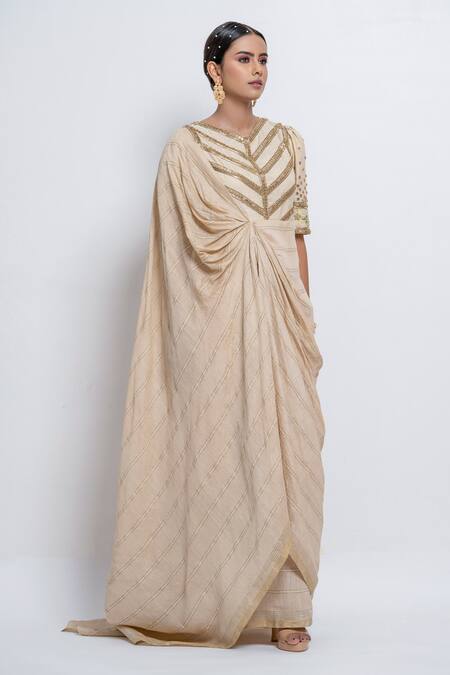 Buy Abstract By Megha Jain Madaan Off White Handloom Cotton Sequin Embellished Yoke Saree Gown Buy_Abstract By Megha Jain Madaan_Off White Handloom Cotton Sequin Embellished Yoke Saree Gown