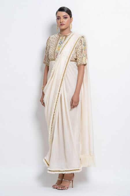 Shop Abstract By Megha Jain Madaan Off White Georgette, Silk Sequins, Beads, Floral Embellished Saree Gown Online at Aza Fashions Shop_Abstract By Megha Jain Madaan_Off White Georgette, Silk Sequins, Beads, Floral Embellished Saree Gown _Online_at_Aza_Fashions