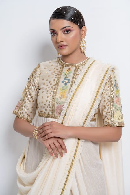 Abstract By Megha Jain Madaan Off White Georgette, Silk Sequins, Beads, Floral Embellished Saree Gown at Aza Fashions Abstract By Megha Jain Madaan_Off White Georgette, Silk Sequins, Beads, Floral Embellished Saree Gown _at_Aza_Fashions