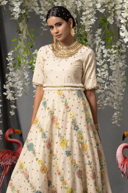 Abstract By Megha Jain Madaan Off White Silk, Tulle Sequins, Floral Bloom Pattern Anarkali With Dupatta Online at Aza Fashions Abstract By Megha Jain Madaan_Off White Silk, Tulle Sequins, Floral Bloom Pattern Anarkali With Dupatta _Online_at_Aza_Fashions