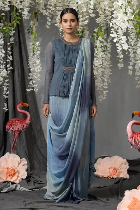 Abstract By Megha Jain Madaan_Grey Chiffon, Flannel Sequins Round Ombre Effect Pre-stitched Saree With Top _Online_at_Aza_Fashions