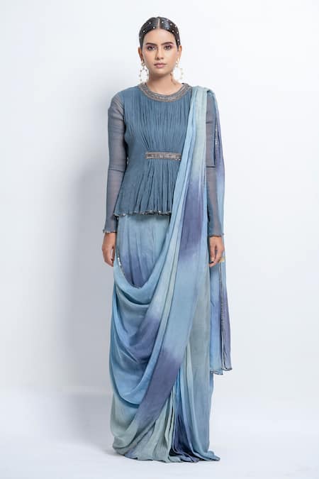 Shop_Abstract By Megha Jain Madaan_Grey Chiffon, Flannel Sequins Round Ombre Effect Pre-stitched Saree With Top _Online_at_Aza_Fashions