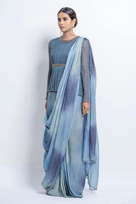 Abstract By Megha Jain Madaan_Grey Chiffon, Flannel Sequins Round Ombre Effect Pre-stitched Saree With Top _at_Aza_Fashions