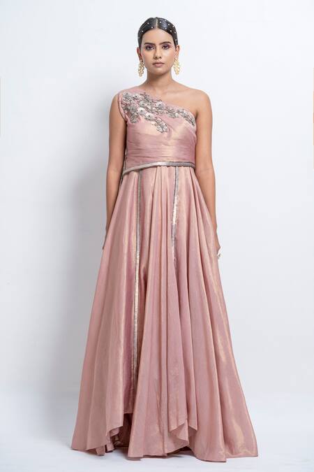 Shop Abstract By Megha Jain Madaan Pink Taffeta Sequins, Embroidery Asymmetric Floral Embellished Bodice Gown Online at Aza Fashions Shop_Abstract By Megha Jain Madaan_Pink Taffeta Sequins, Embroidery Asymmetric Floral Embellished Bodice Gown _Online_at_Aza_Fashions