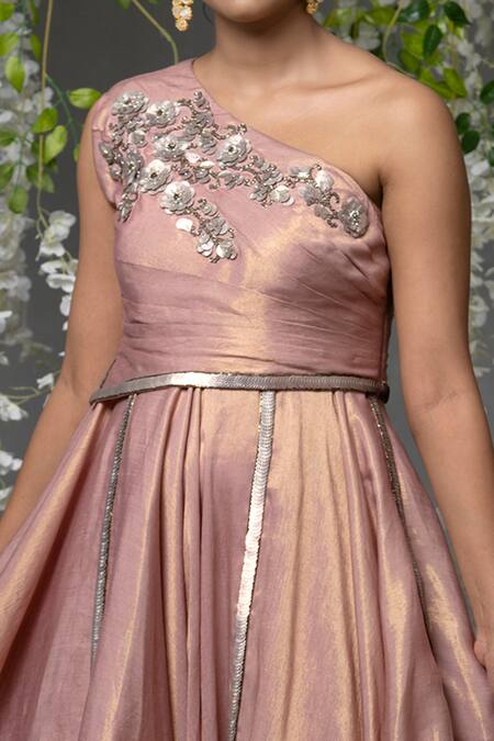 Abstract By Megha Jain Madaan Pink Taffeta Sequins, Embroidery Asymmetric Floral Embellished Bodice Gown at Aza Fashions Abstract By Megha Jain Madaan_Pink Taffeta Sequins, Embroidery Asymmetric Floral Embellished Bodice Gown _at_Aza_Fashions