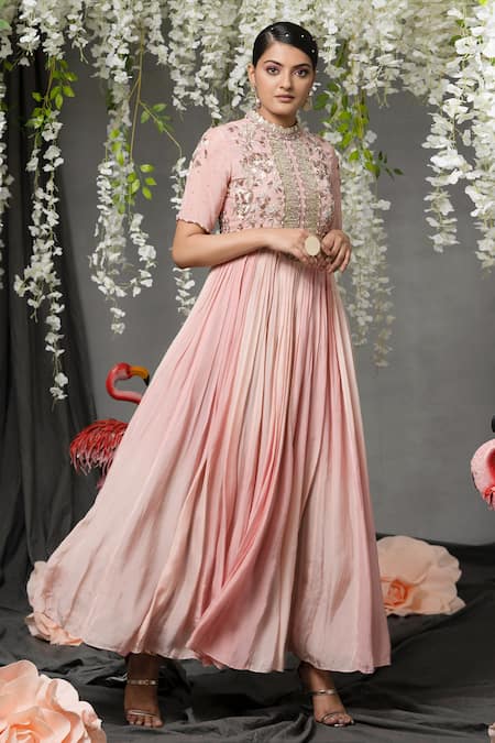 Abstract By Megha Jain Madaan Pink Chiffon Sequins Round Neck Flower Embellished Gown Online at Aza Fashions Abstract By Megha Jain Madaan_Pink Chiffon Sequins Round Neck Flower Embellished Gown _Online_at_Aza_Fashions