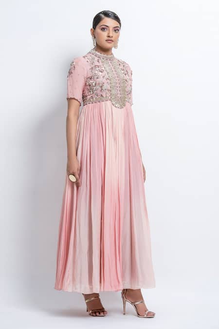 Abstract By Megha Jain Madaan Pink Chiffon Sequins Round Neck Flower Embellished Gown at Aza Fashions Abstract By Megha Jain Madaan_Pink Chiffon Sequins Round Neck Flower Embellished Gown _at_Aza_Fashions