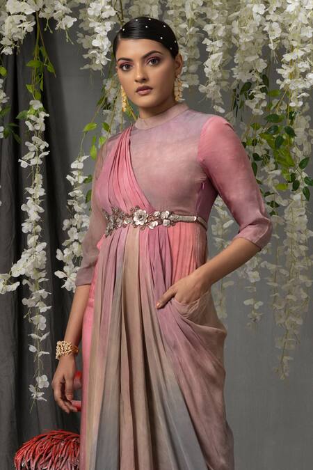 Abstract By Megha Jain Madaan Pink Chiffon Sequins Round Neck Ombre Effect Draped Gown Online at Aza Fashions Abstract By Megha Jain Madaan_Pink Chiffon Sequins Round Neck Ombre Effect Draped Gown _Online_at_Aza_Fashions