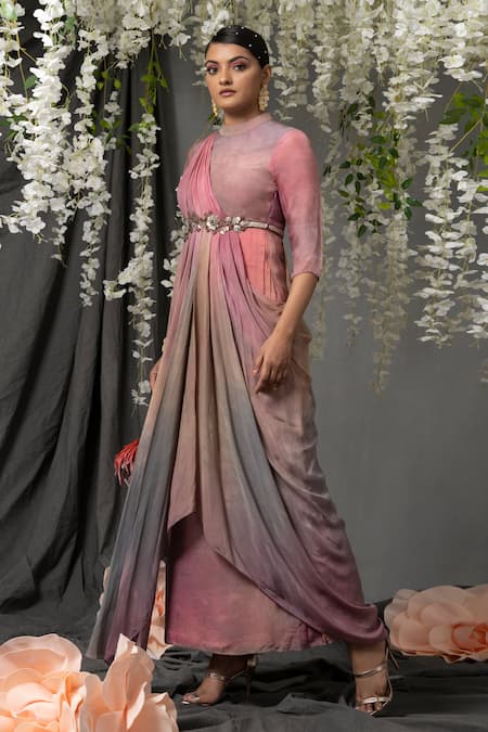 Buy Abstract By Megha Jain Madaan Pink Chiffon Sequins Round Neck Ombre Effect Draped Gown Online at Aza Fashions Buy_Abstract By Megha Jain Madaan_Pink Chiffon Sequins Round Neck Ombre Effect Draped Gown _Online_at_Aza_Fashions