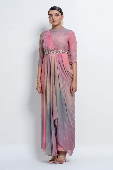 Shop Abstract By Megha Jain Madaan Pink Chiffon Sequins Round Neck Ombre Effect Draped Gown Online at Aza Fashions Shop_Abstract By Megha Jain Madaan_Pink Chiffon Sequins Round Neck Ombre Effect Draped Gown _Online_at_Aza_Fashions