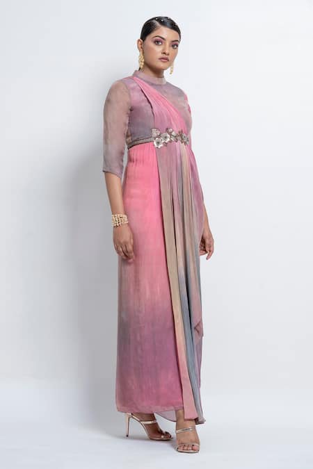 Abstract By Megha Jain Madaan Pink Chiffon Sequins Round Neck Ombre Effect Draped Gown at Aza Fashions Abstract By Megha Jain Madaan_Pink Chiffon Sequins Round Neck Ombre Effect Draped Gown _at_Aza_Fashions