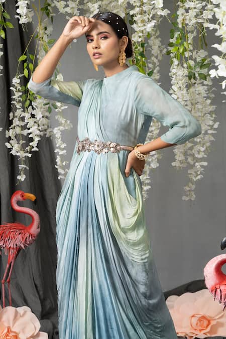 Abstract By Megha Jain Madaan Blue Chiffon Sequins Round Neck Ombre Shaded Drape Gown Online at Aza Fashions Abstract By Megha Jain Madaan_Blue Chiffon Sequins Round Neck Ombre Shaded Drape Gown _Online_at_Aza_Fashions