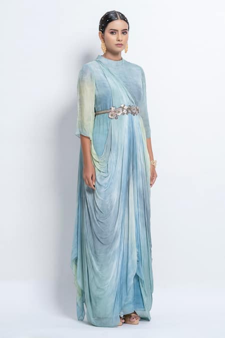 Shop Abstract By Megha Jain Madaan Blue Chiffon Sequins Round Neck Ombre Shaded Drape Gown Online at Aza Fashions Shop_Abstract By Megha Jain Madaan_Blue Chiffon Sequins Round Neck Ombre Shaded Drape Gown _Online_at_Aza_Fashions