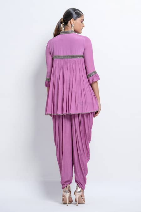 Shop Abstract By Megha Jain Madaan Purple Chiffon, Modal Beads Mandarin Collar Flared Gathered Top And Dhoti Pant Set at Aza Fashions Shop_Abstract By Megha Jain Madaan_Purple Chiffon, Modal Beads Mandarin Collar Flared Gathered Top And Dhoti Pant Set _at_Aza_Fashions