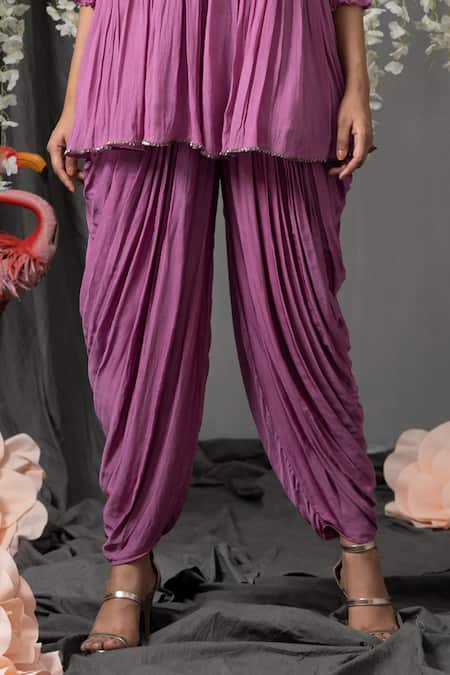 Abstract By Megha Jain Madaan Purple Chiffon, Modal Beads Mandarin Collar Flared Gathered Top And Dhoti Pant Set Online at Aza Fashions Abstract By Megha Jain Madaan_Purple Chiffon, Modal Beads Mandarin Collar Flared Gathered Top And Dhoti Pant Set _Online_at_Aza_Fashions