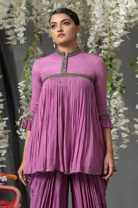Buy Abstract By Megha Jain Madaan Purple Chiffon, Modal Beads Mandarin Collar Flared Gathered Top And Dhoti Pant Set Online at Aza Fashions Buy_Abstract By Megha Jain Madaan_Purple Chiffon, Modal Beads Mandarin Collar Flared Gathered Top And Dhoti Pant Set _Online_at_Aza_Fashions