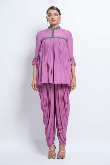 Shop Abstract By Megha Jain Madaan Purple Chiffon, Modal Beads Mandarin Collar Flared Gathered Top And Dhoti Pant Set Online at Aza Fashions Shop_Abstract By Megha Jain Madaan_Purple Chiffon, Modal Beads Mandarin Collar Flared Gathered Top And Dhoti Pant Set _Online_at_Aza_Fashions