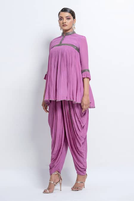 Abstract By Megha Jain Madaan Purple Chiffon, Modal Beads Mandarin Collar Flared Gathered Top And Dhoti Pant Set at Aza Fashions Abstract By Megha Jain Madaan_Purple Chiffon, Modal Beads Mandarin Collar Flared Gathered Top And Dhoti Pant Set _at_Aza_Fashions
