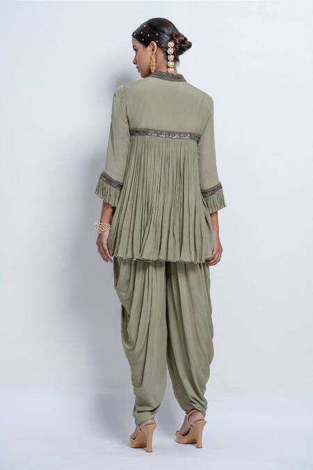 Shop Abstract By Megha Jain Madaan Green Chiffon, Modal Beads Mandarin Collar Flared Gathered Top And Dhoti Pant Set at Aza Fashions Shop_Abstract By Megha Jain Madaan_Green Chiffon, Modal Beads Mandarin Collar Flared Gathered Top And Dhoti Pant Set _at_Aza_Fashions