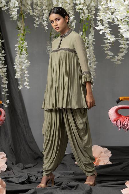 Abstract By Megha Jain Madaan Green Chiffon, Modal Beads Mandarin Collar Flared Gathered Top And Dhoti Pant Set Online at Aza Fashions Abstract By Megha Jain Madaan_Green Chiffon, Modal Beads Mandarin Collar Flared Gathered Top And Dhoti Pant Set _Online_at_Aza_Fashions