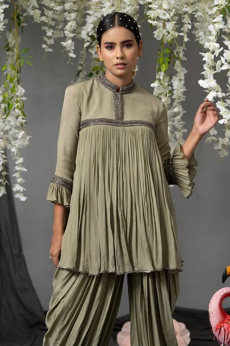 Buy Abstract By Megha Jain Madaan Green Chiffon, Modal Beads Mandarin Collar Flared Gathered Top And Dhoti Pant Set Online at Aza Fashions Buy_Abstract By Megha Jain Madaan_Green Chiffon, Modal Beads Mandarin Collar Flared Gathered Top And Dhoti Pant Set _Online_at_Aza_Fashions