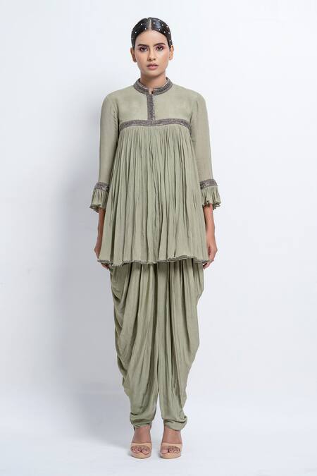 Shop Abstract By Megha Jain Madaan Green Chiffon, Modal Beads Mandarin Collar Flared Gathered Top And Dhoti Pant Set Online at Aza Fashions Shop_Abstract By Megha Jain Madaan_Green Chiffon, Modal Beads Mandarin Collar Flared Gathered Top And Dhoti Pant Set _Online_at_Aza_Fashions