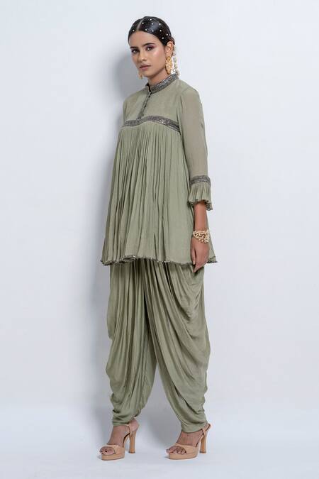 Abstract By Megha Jain Madaan Green Chiffon, Modal Beads Mandarin Collar Flared Gathered Top And Dhoti Pant Set at Aza Fashions Abstract By Megha Jain Madaan_Green Chiffon, Modal Beads Mandarin Collar Flared Gathered Top And Dhoti Pant Set _at_Aza_Fashions