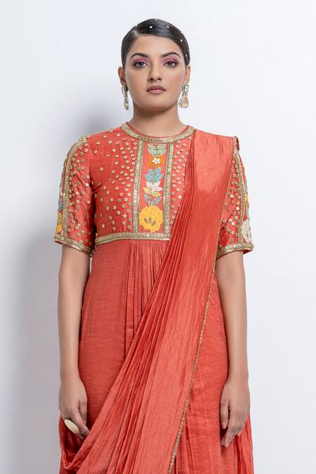 Shop_Abstract By Megha Jain Madaan_Orange Silk Beads, Sequins Pre-stitched Concept Saree Dress _Online_at_Aza_Fashions