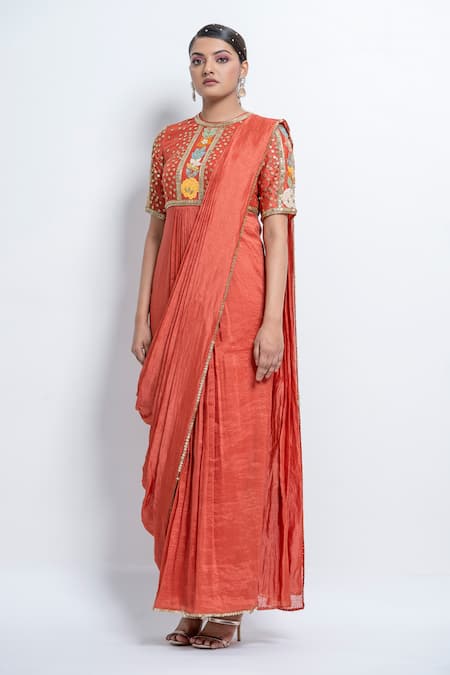 Buy_Abstract By Megha Jain Madaan_Orange Silk Beads, Sequins Pre-stitched Concept Saree Dress 