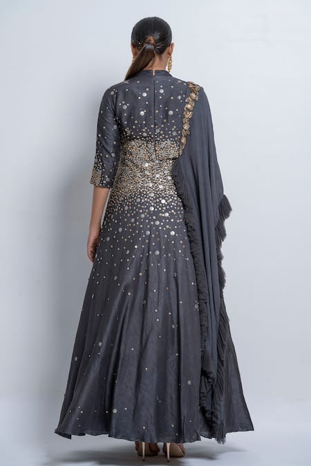 Shop Abstract By Megha Jain Madaan Gray Silk, Chiffon Sequins Collared Beaded Drape Anarkali Set at Aza Fashions Shop_Abstract By Megha Jain Madaan_Gray Silk, Chiffon Sequins Collared Beaded Drape Anarkali Set _at_Aza_Fashions