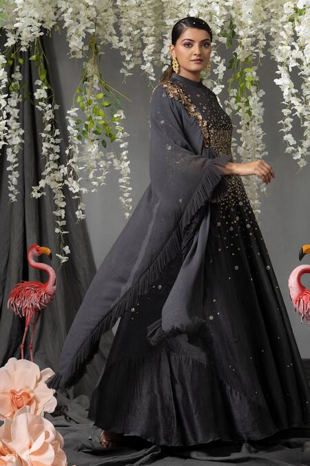 Abstract By Megha Jain Madaan Gray Silk, Chiffon Sequins Collared Beaded Drape Anarkali Set Online at Aza Fashions Abstract By Megha Jain Madaan_Gray Silk, Chiffon Sequins Collared Beaded Drape Anarkali Set _Online_at_Aza_Fashions