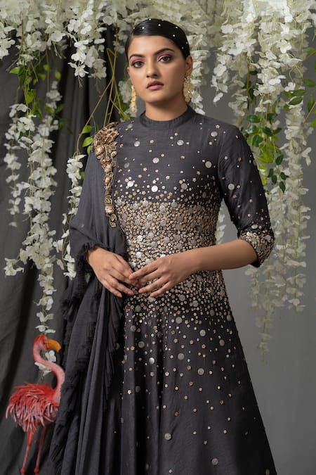 Buy Abstract By Megha Jain Madaan Gray Silk, Chiffon Sequins Collared Beaded Drape Anarkali Set Online at Aza Fashions Buy_Abstract By Megha Jain Madaan_Gray Silk, Chiffon Sequins Collared Beaded Drape Anarkali Set _Online_at_Aza_Fashions