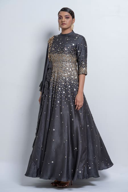 Abstract By Megha Jain Madaan Gray Silk, Chiffon Sequins Collared Beaded Drape Anarkali Set at Aza Fashions Abstract By Megha Jain Madaan_Gray Silk, Chiffon Sequins Collared Beaded Drape Anarkali Set _at_Aza_Fashions