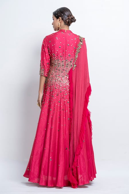 Shop Abstract By Megha Jain Madaan Pink Silk, Chiffon Beads Collared Sequin Embroidered Draped Anarkali at Aza Fashions Shop_Abstract By Megha Jain Madaan_Pink Silk, Chiffon Beads Collared Sequin Embroidered Draped Anarkali _at_Aza_Fashions