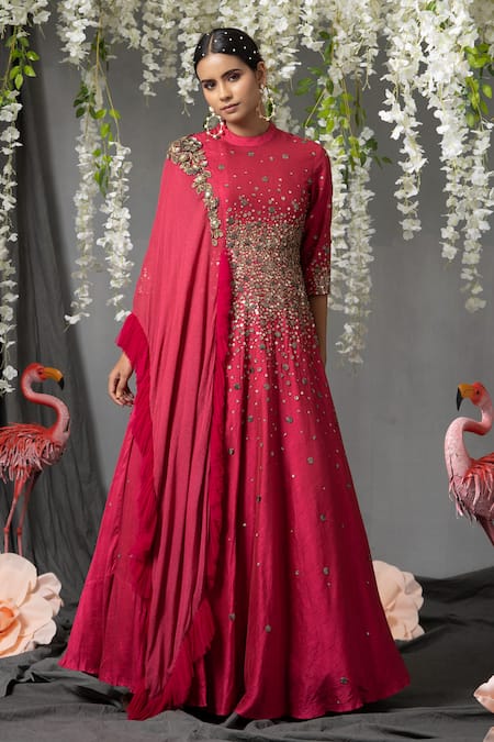 Abstract By Megha Jain Madaan Pink Silk, Chiffon Beads Collared Sequin Embroidered Draped Anarkali Online at Aza Fashions Abstract By Megha Jain Madaan_Pink Silk, Chiffon Beads Collared Sequin Embroidered Draped Anarkali _Online_at_Aza_Fashions