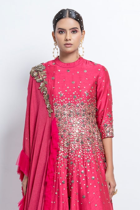 Buy Abstract By Megha Jain Madaan Pink Silk, Chiffon Beads Collared Sequin Embroidered Draped Anarkali Online at Aza Fashions Buy_Abstract By Megha Jain Madaan_Pink Silk, Chiffon Beads Collared Sequin Embroidered Draped Anarkali _Online_at_Aza_Fashions