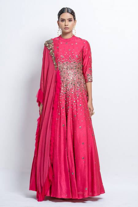 Shop Abstract By Megha Jain Madaan Pink Silk, Chiffon Beads Collared Sequin Embroidered Draped Anarkali Online at Aza Fashions Shop_Abstract By Megha Jain Madaan_Pink Silk, Chiffon Beads Collared Sequin Embroidered Draped Anarkali _Online_at_Aza_Fashions