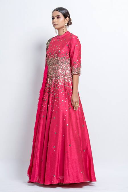 Abstract By Megha Jain Madaan Pink Silk, Chiffon Beads Collared Sequin Embroidered Draped Anarkali at Aza Fashions Abstract By Megha Jain Madaan_Pink Silk, Chiffon Beads Collared Sequin Embroidered Draped Anarkali _at_Aza_Fashions