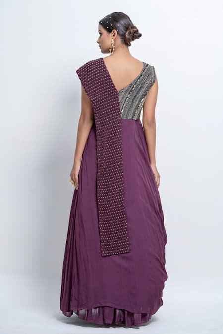 Shop_Abstract By Megha Jain Madaan_Wine Georgette, Chiffon Sequins V-neck Embellished Saree Drape Gown _at_Aza_Fashions