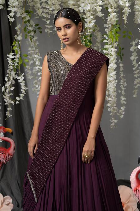Abstract By Megha Jain Madaan_Wine Georgette, Chiffon Sequins V-neck Embellished Saree Drape Gown _Online_at_Aza_Fashions