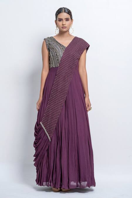 Buy_Abstract By Megha Jain Madaan_Wine Georgette, Chiffon Sequins V-neck Embellished Saree Drape Gown _Online_at_Aza_Fashions