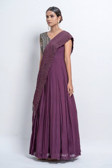 Shop_Abstract By Megha Jain Madaan_Wine Georgette, Chiffon Sequins V-neck Embellished Saree Drape Gown _Online_at_Aza_Fashions