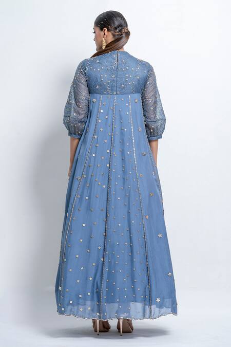 Shop_Abstract By Megha Jain Madaan_Blue Chiffon, Organza Sequins Round Neck Embellished Flared Gown _at_Aza_Fashions