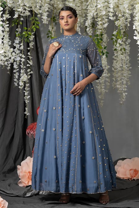 Abstract By Megha Jain Madaan_Blue Chiffon, Organza Sequins Round Neck Embellished Flared Gown _Online_at_Aza_Fashions