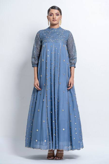 Buy_Abstract By Megha Jain Madaan_Blue Chiffon, Organza Sequins Round Neck Embellished Flared Gown _Online_at_Aza_Fashions